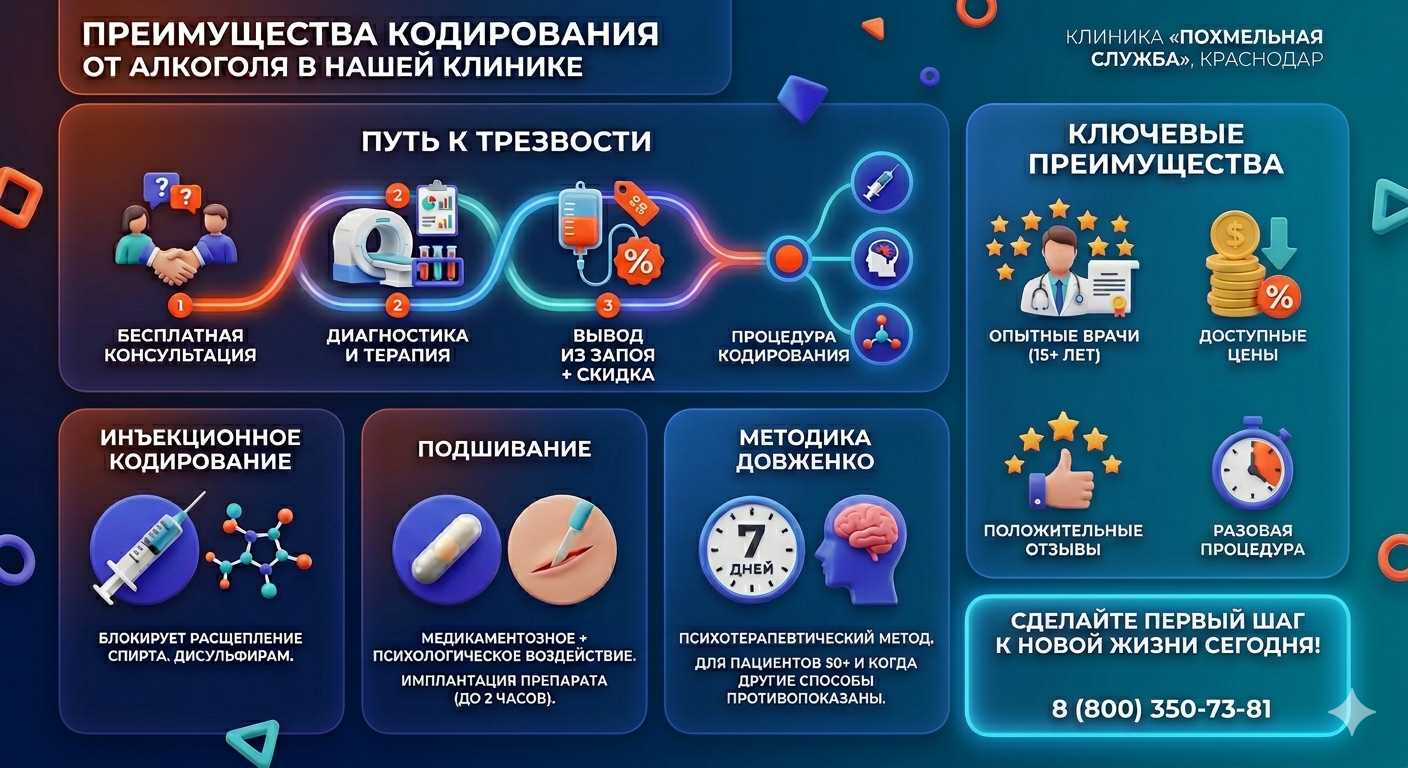 Инфографика о методах кодирования от алкоголя в Новошахтинске: инъекции, подшивание, метод Довженко. Преимущества клиники и этапы лечения.