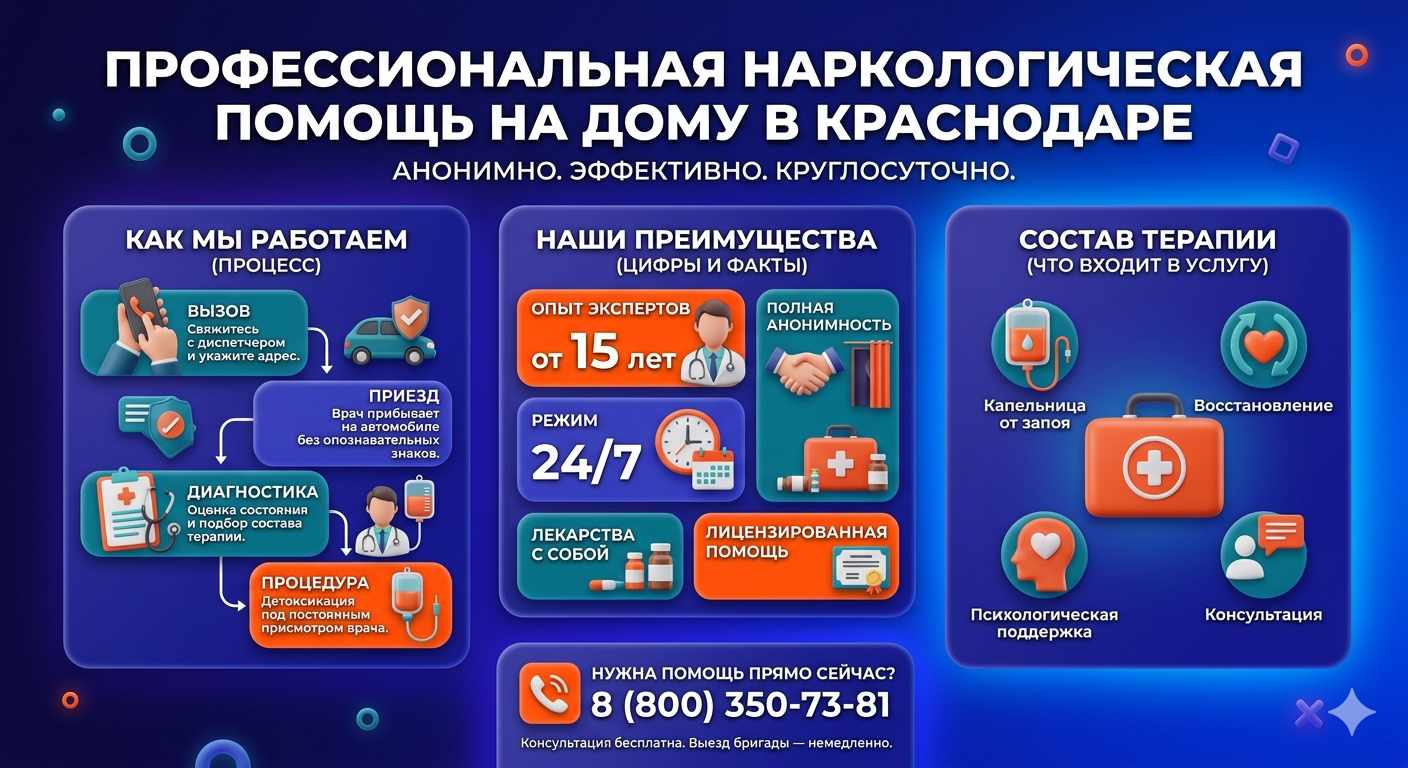 Инфографика о принципах лечения алкоголизма на дому в Новошахтинске: этапы вызова нарколога, преимущества анонимной детоксикации и состав медицинской помощи.
